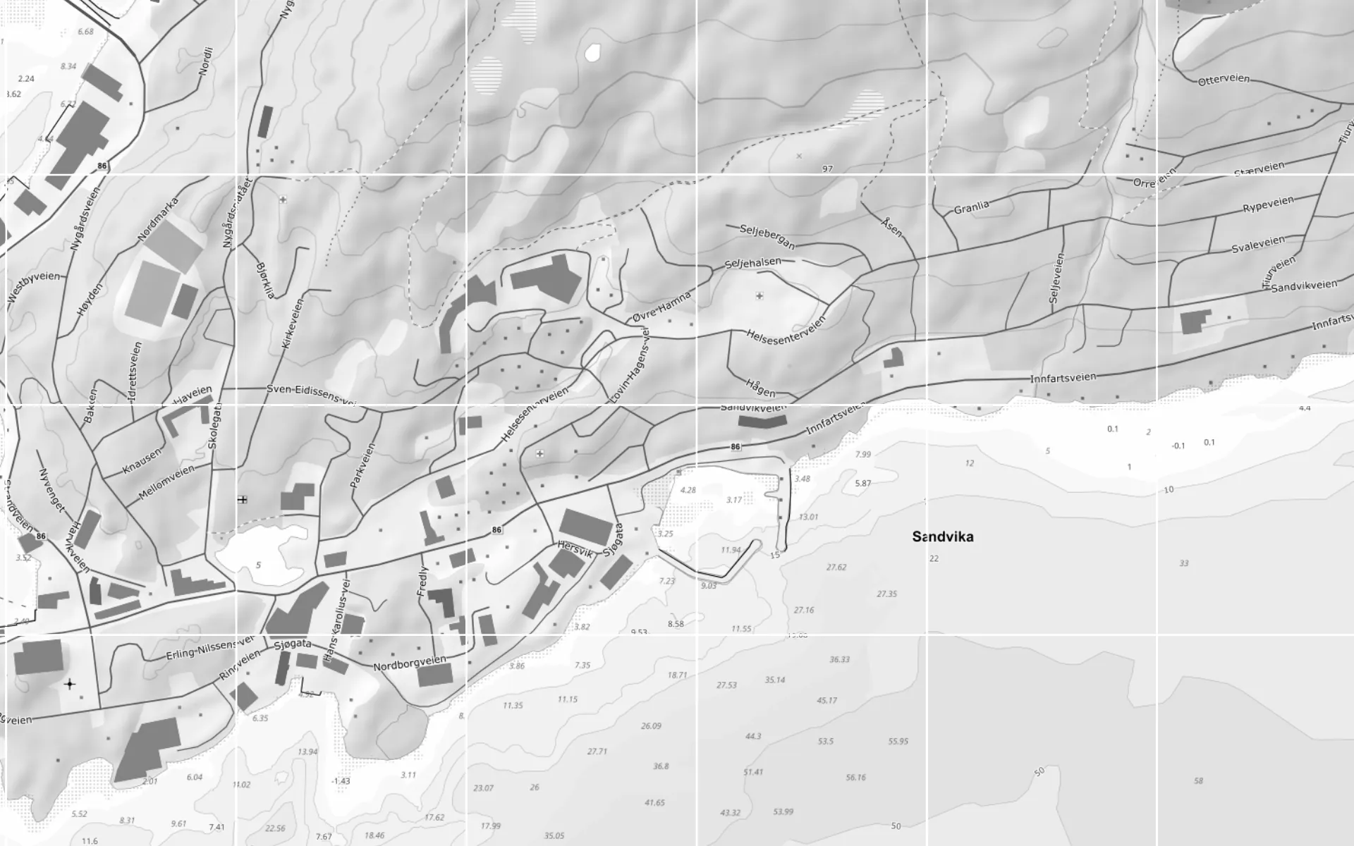 Kart over nærområdet rundt Steingjerdet 6, med gangruter til buss, barnehage, skoler, butikk og sentrum.