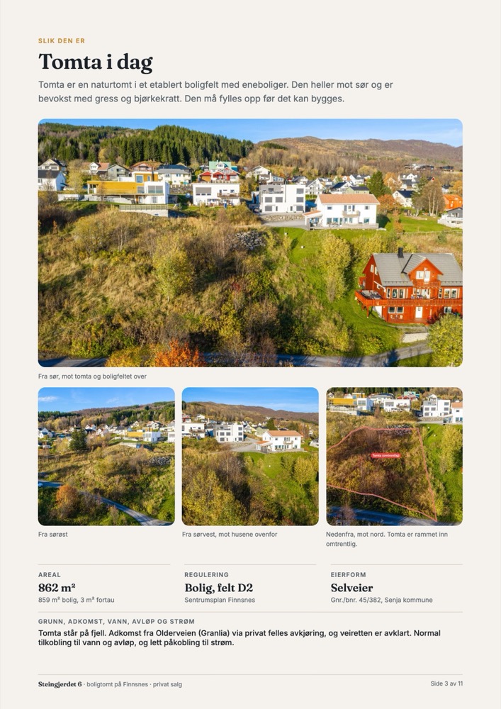 Side fra prospektet: tomta i dag, med dronebilder fra flere kanter.