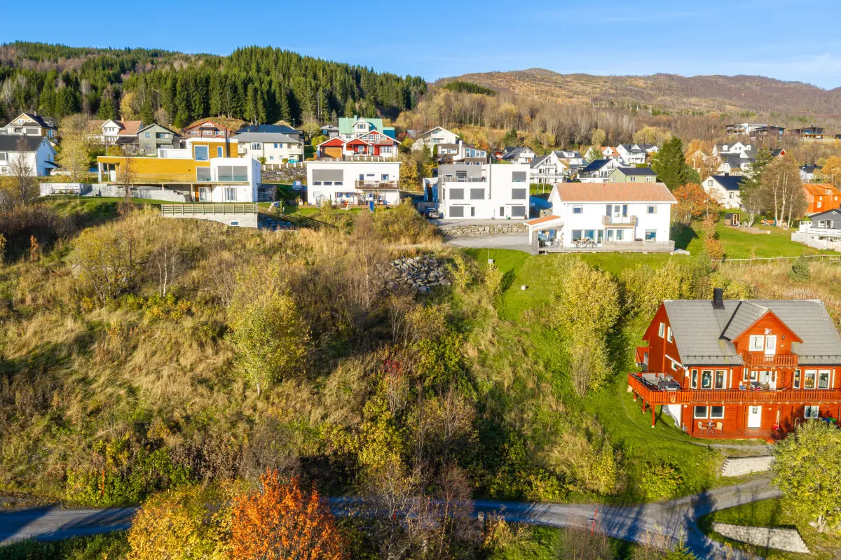 Tomta og boligfeltet sett fra sør, med skogkledd ås bak.