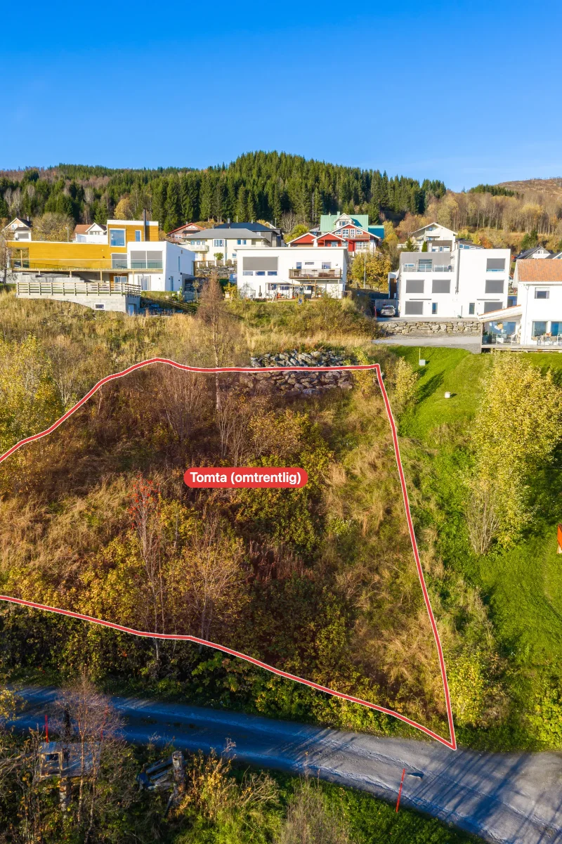 Tomta sett nedenfra mot nord, med veien nederst og nabohusene øverst. Tomta er rammet inn med rødt, omtrentlig.